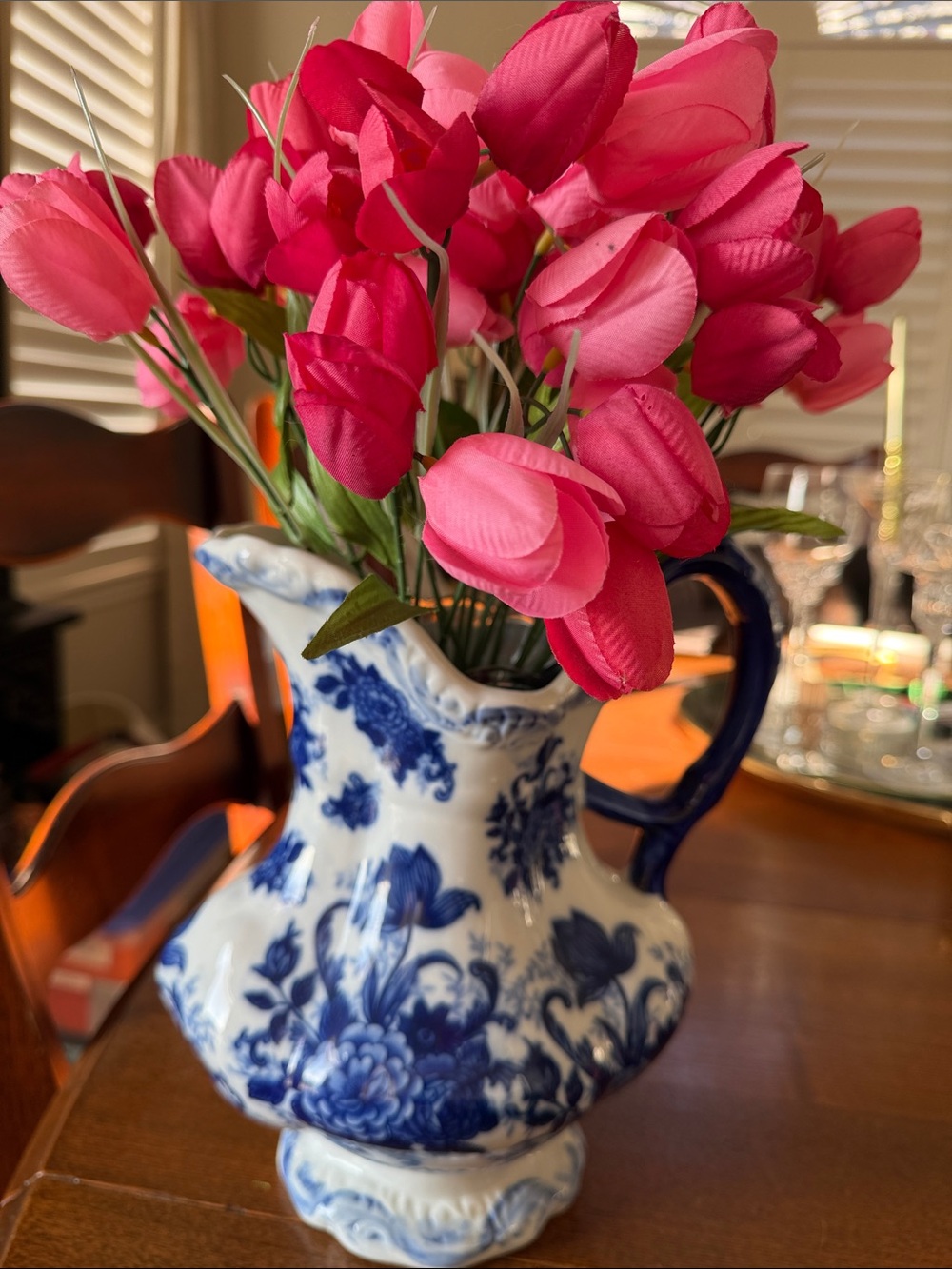 Blue and white pitcher
